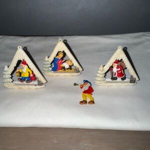 Lot 3 vintage pixie Santa gnome diorama plastic triangle ornaments Christmas